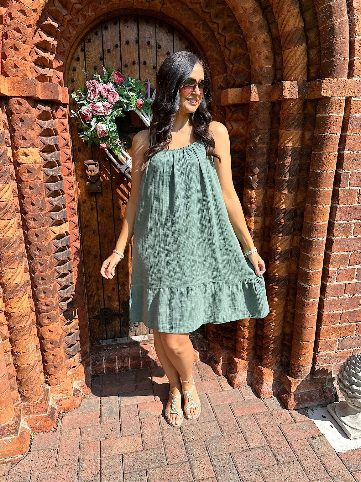 Khaki Cotton Bubble Dress with Straps - Isla