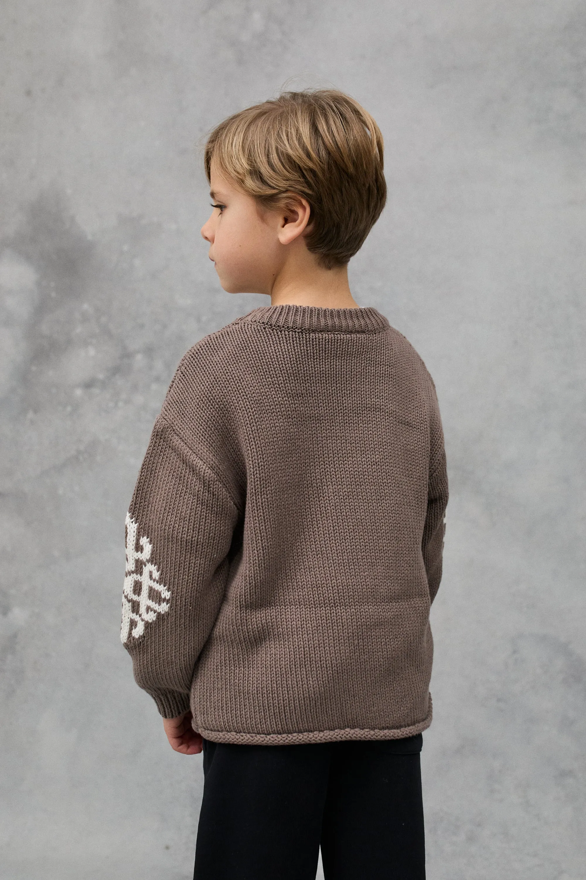 KIDS CHUNKY KNIT EMBLEM JUMPER - BROWN