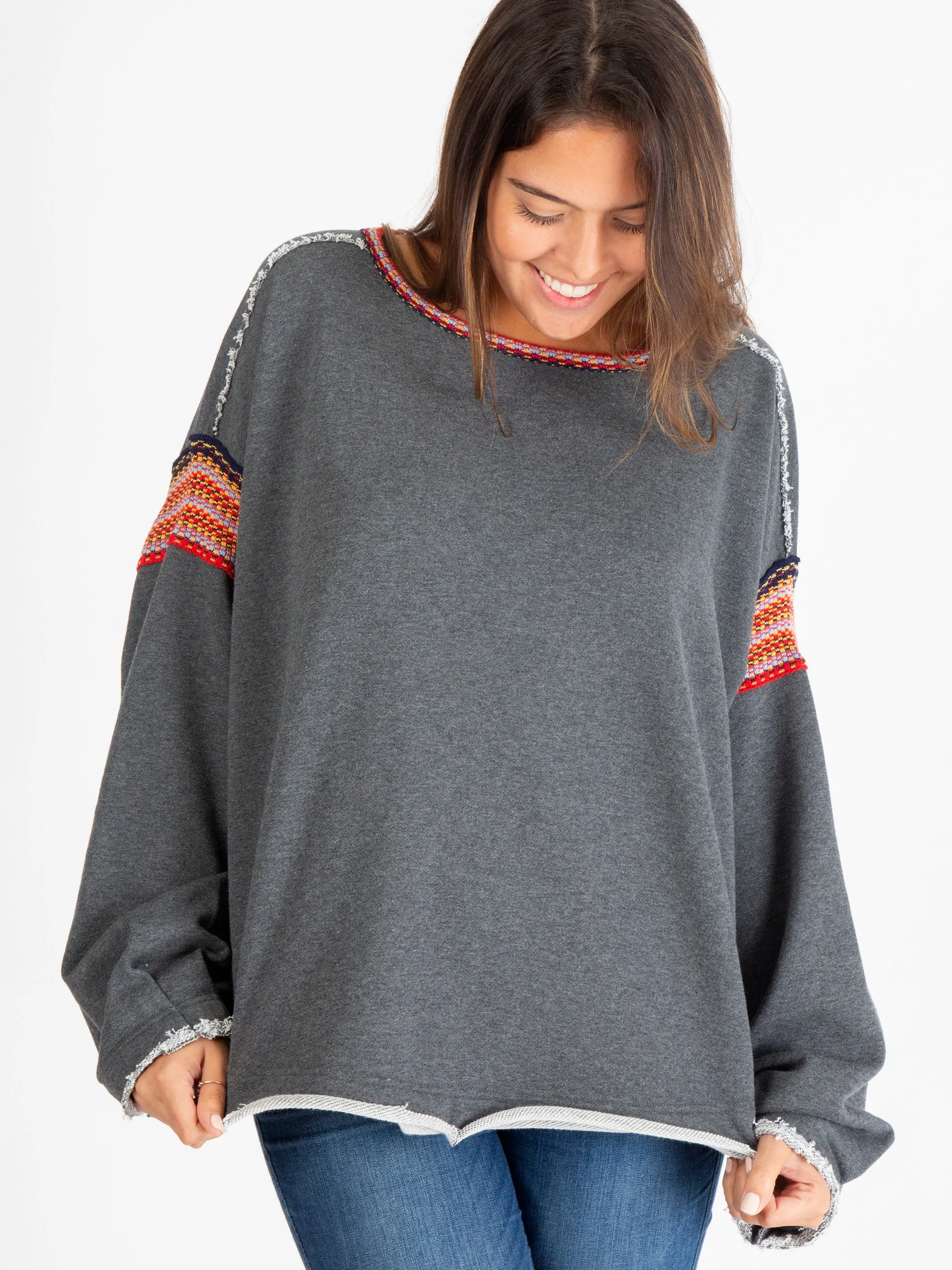 Knit Trim Sweatshirt - Charcoal