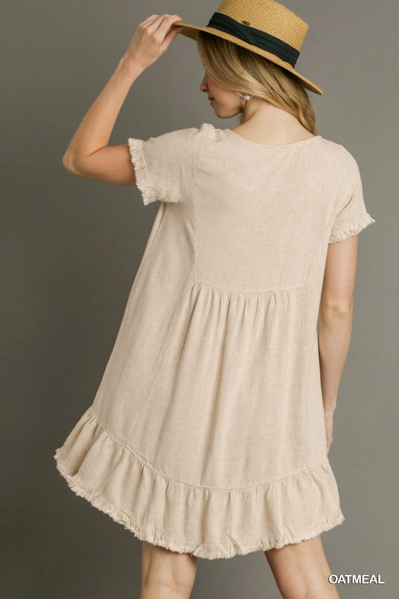 Linen Blend Dress with Ruffle Trim - Short Sleeve - Oatmeal