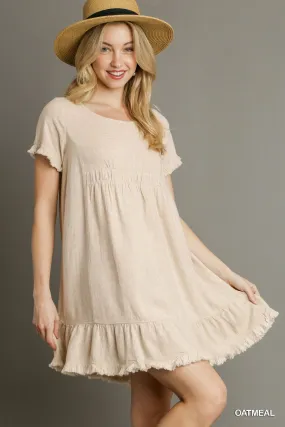 Linen Blend Dress with Ruffle Trim - Short Sleeve - Oatmeal