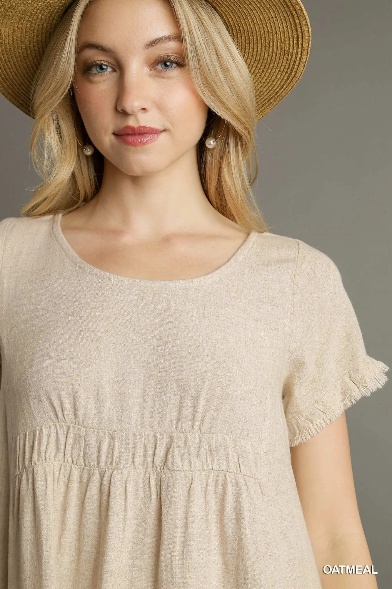 Linen Blend Dress with Ruffle Trim - Short Sleeve - Oatmeal