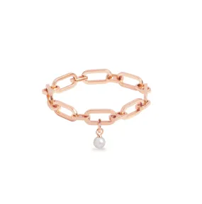 Link Chain Bracelet and Round Cultured Pearl Charm Rose Gold Set