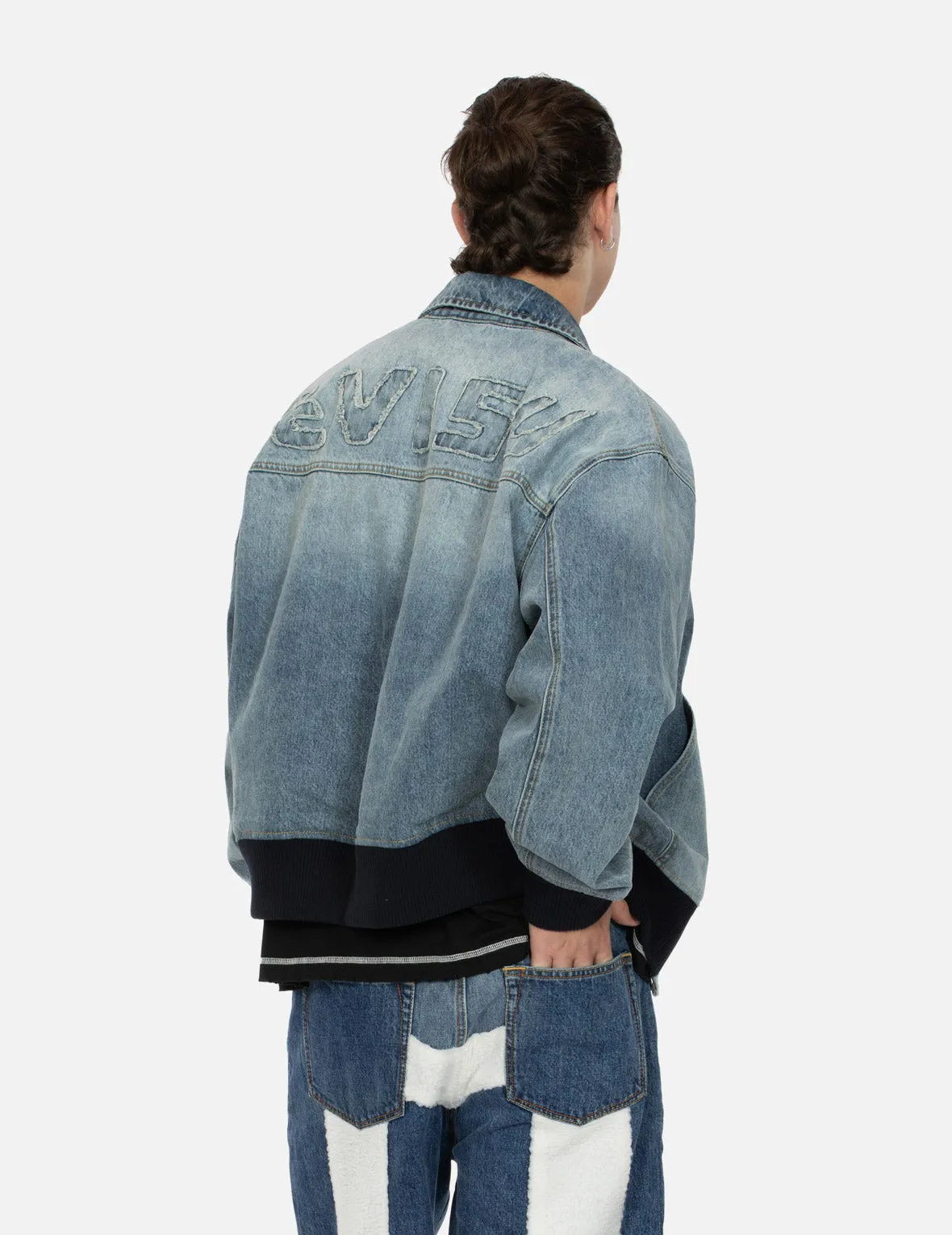 Logo Appliqué Embroidery Oversized Denim Bomber Jacket