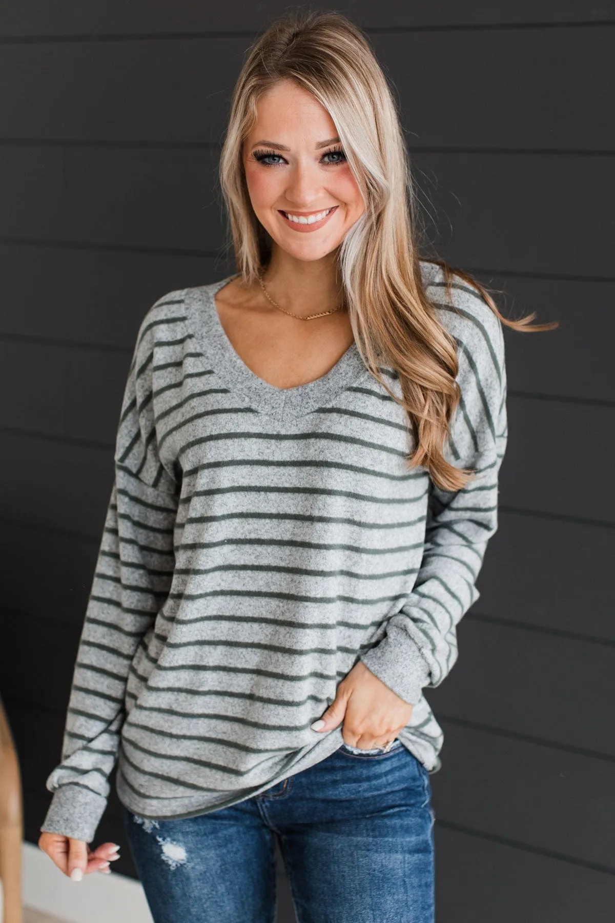 Striped Knit Top Heather Grey Olive