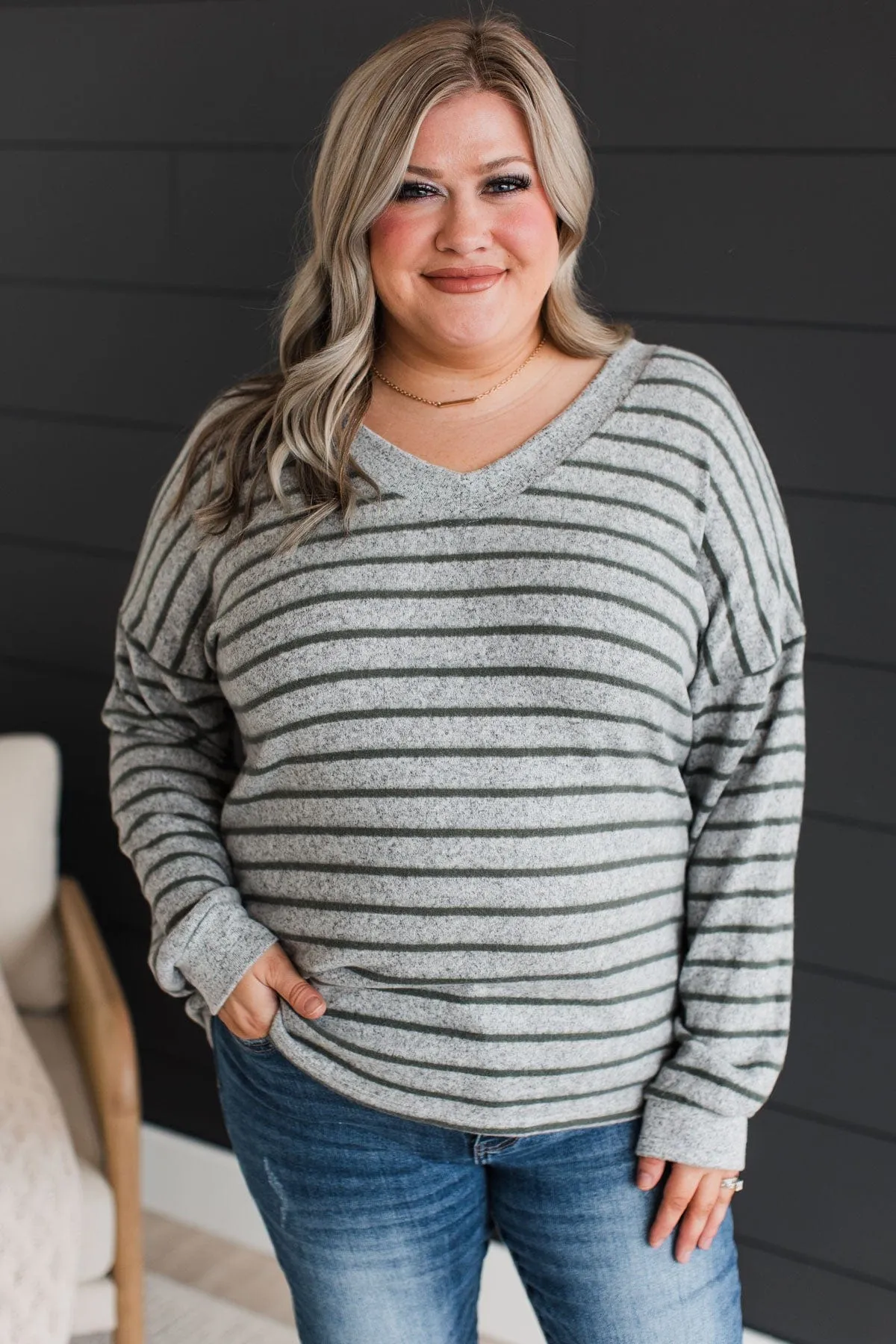 Striped Knit Top Heather Grey Olive