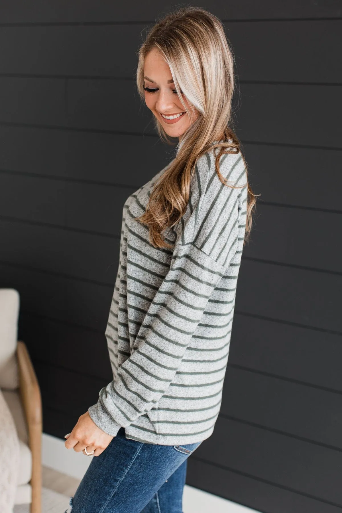 Striped Knit Top Heather Grey Olive