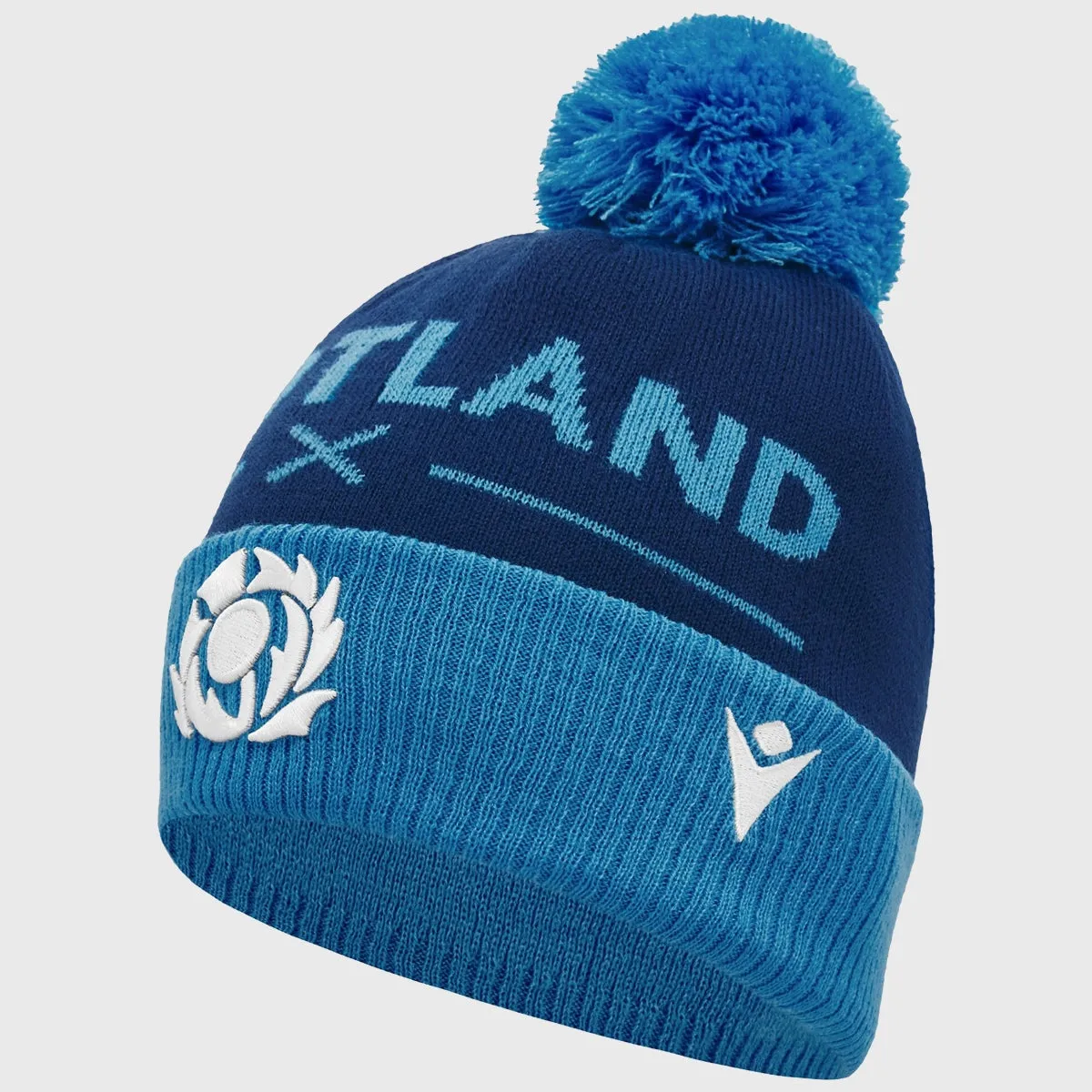 Macron Scotland Rugby Text Bobble Beanie Hat Navy/Sky