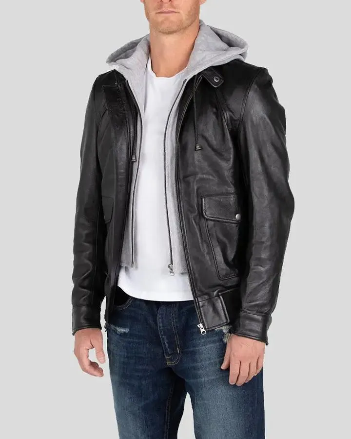 Marc Black Removable Hooded Leather Jacket