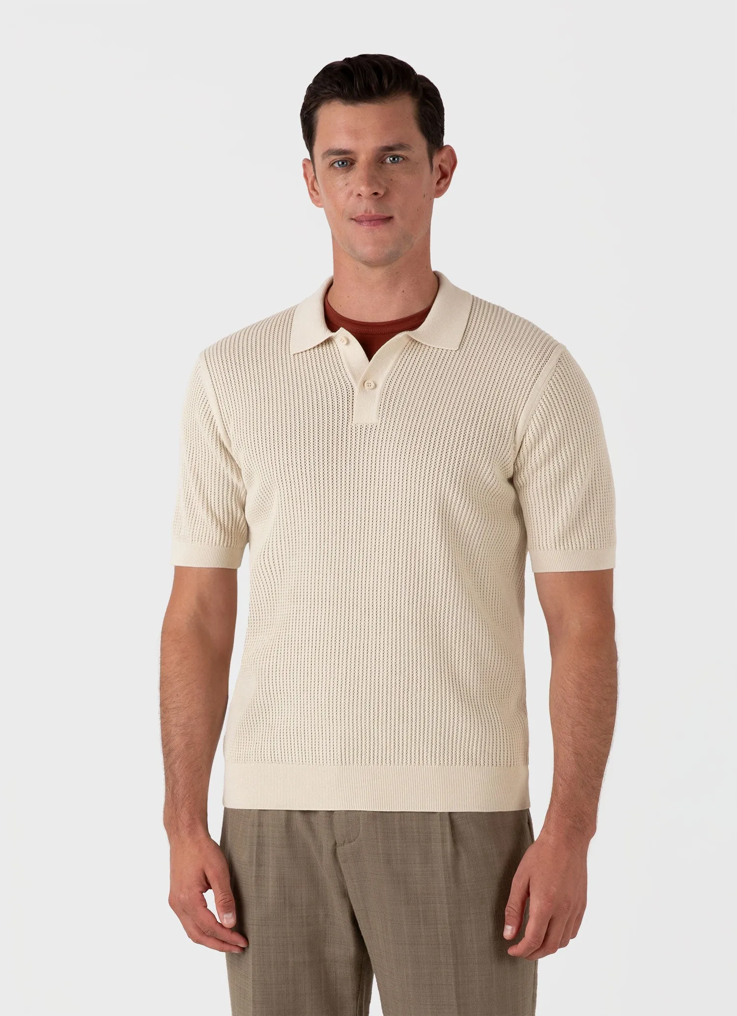 Men's Linear Mesh Knit Polo Shirt in Ecru