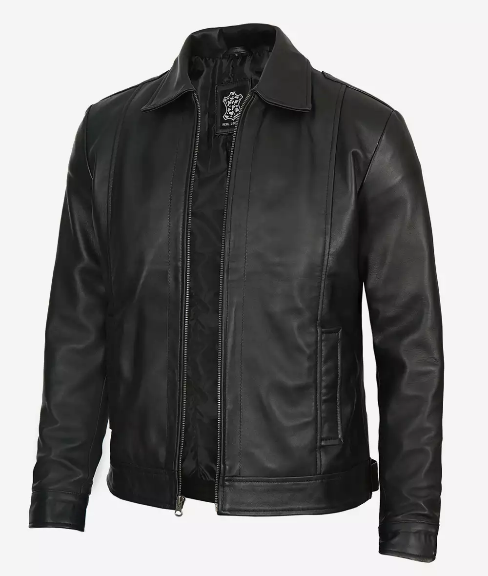 Mens Tall Vintage Shirt Collar Black Leather Jacket