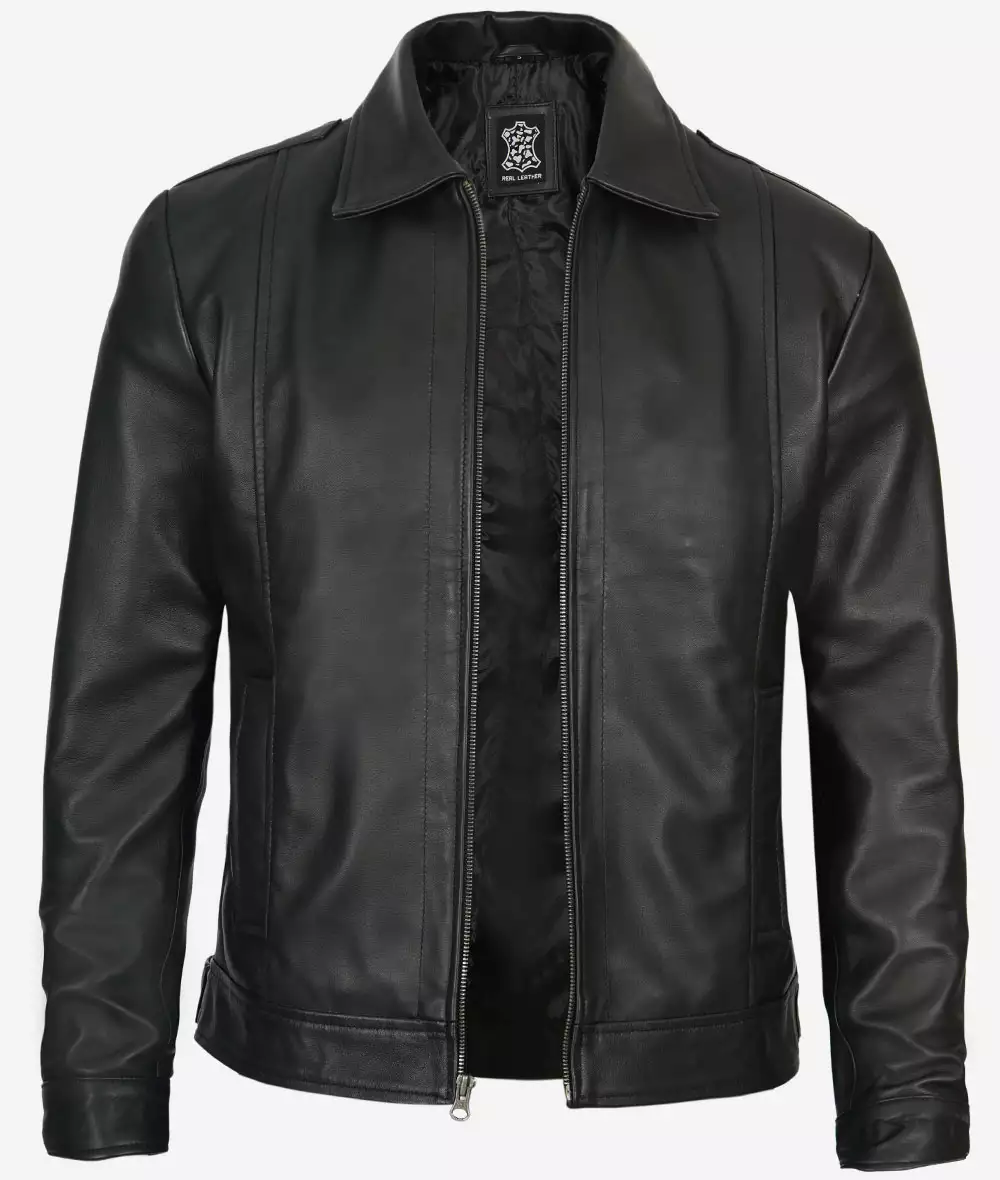 Mens Tall Vintage Shirt Collar Black Leather Jacket