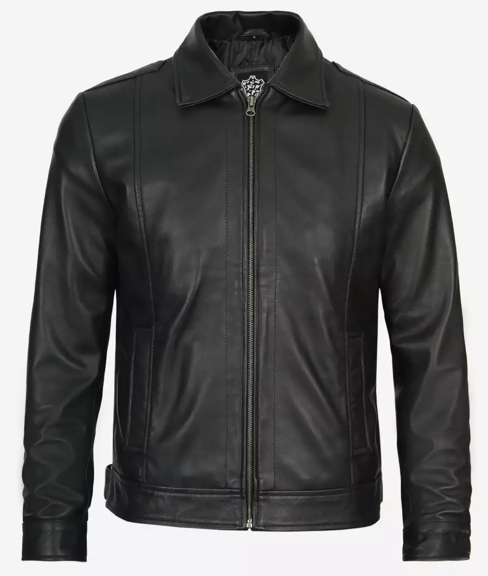 Mens Tall Vintage Shirt Collar Black Leather Jacket