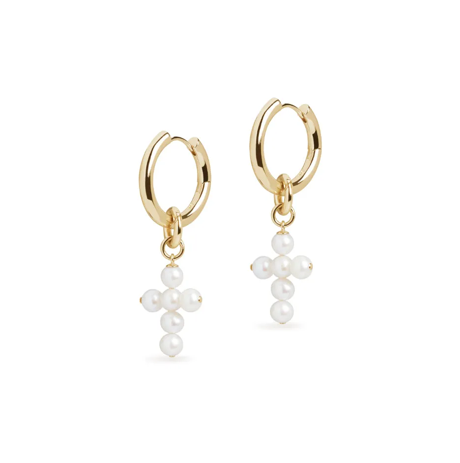 Midi Hoop and Cross Pearl Charm Gold Earring Set