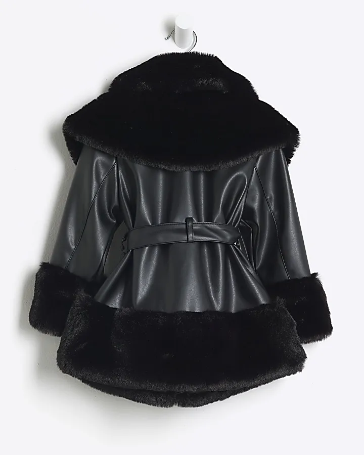 Black Belted Faux Fur Coat for Mini Girls,