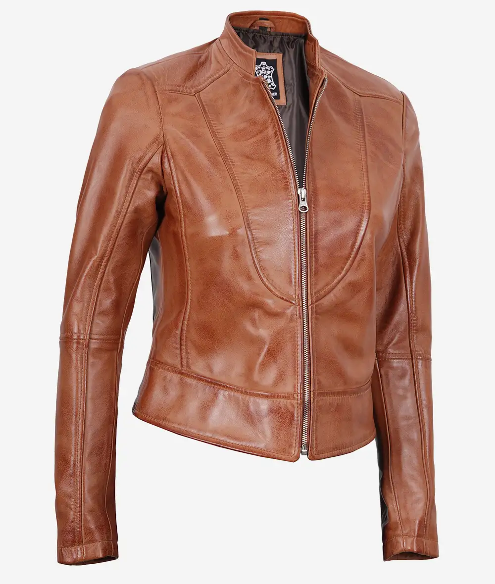 Montana Womens Tall Biker Tan Leather Jacket