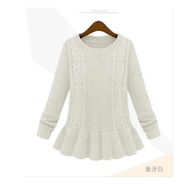 Women's Long Sleeve O-neck Ruffles Knitted Pullover Sweater