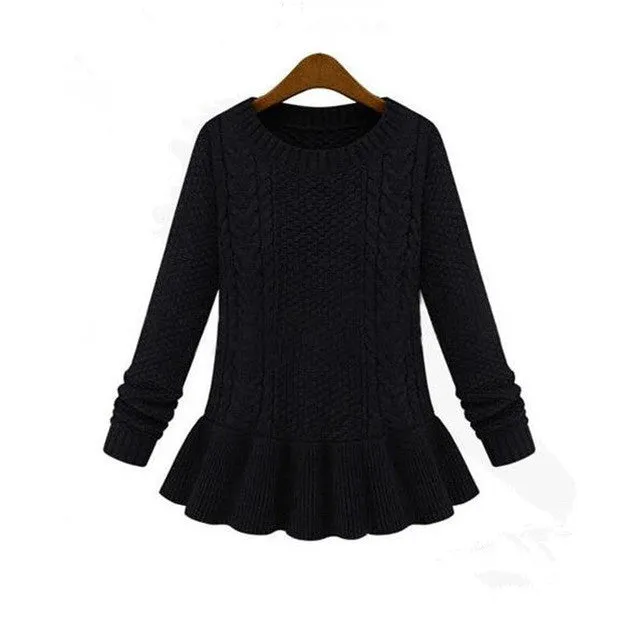 Women's Long Sleeve O-neck Ruffles Knitted Pullover Sweater