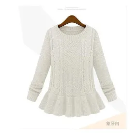 Women's Long Sleeve O-neck Ruffles Knitted Pullover Sweater