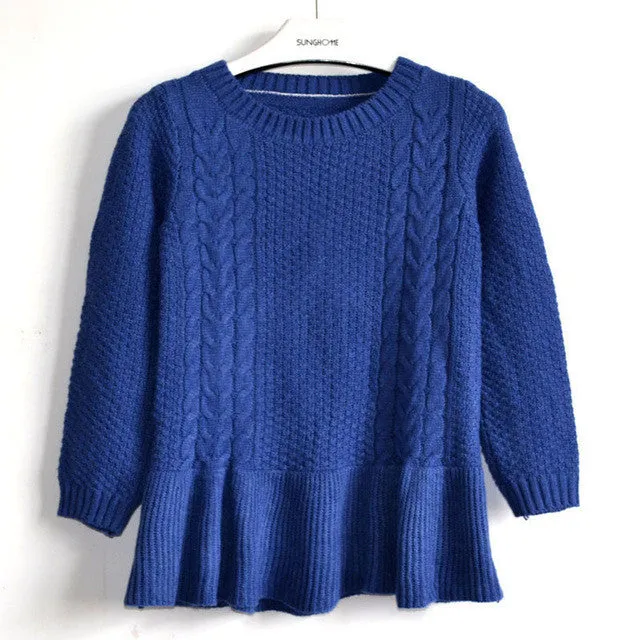 Women's Long Sleeve O-neck Ruffles Knitted Pullover Sweater