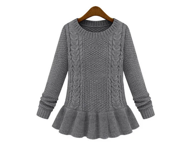 Women's Long Sleeve O-neck Ruffles Knitted Pullover Sweater