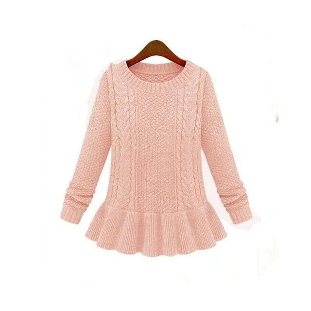 Women's Long Sleeve O-neck Ruffles Knitted Pullover Sweater