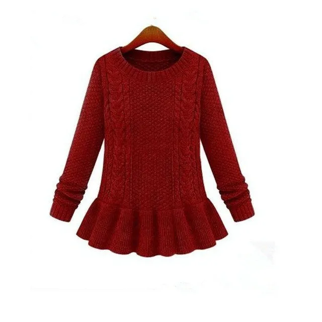 Women's Long Sleeve O-neck Ruffles Knitted Pullover Sweater