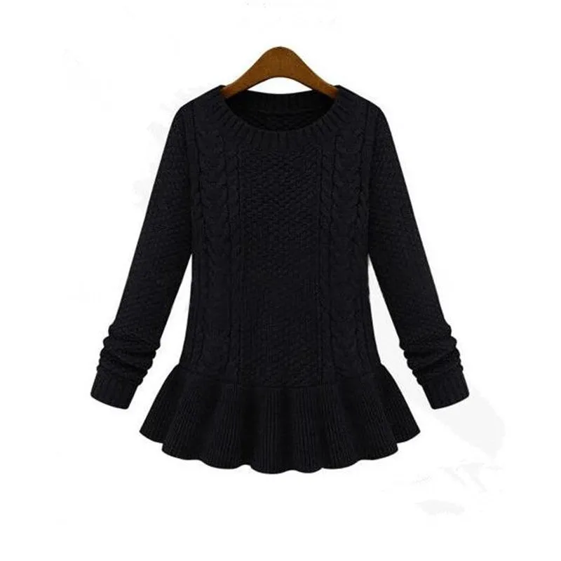 Women's Long Sleeve O-neck Ruffles Knitted Pullover Sweater