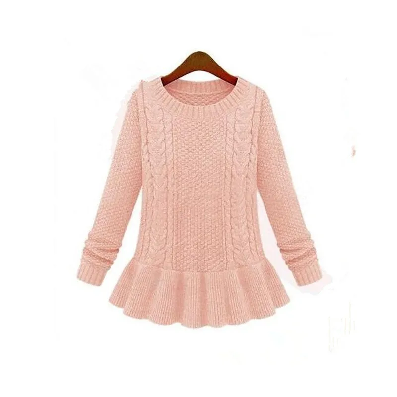 Women's Long Sleeve O-neck Ruffles Knitted Pullover Sweater