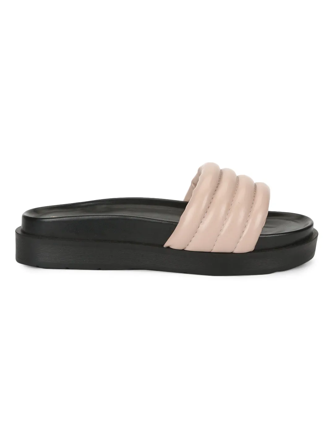 Nude PU Quilted Platform Slides