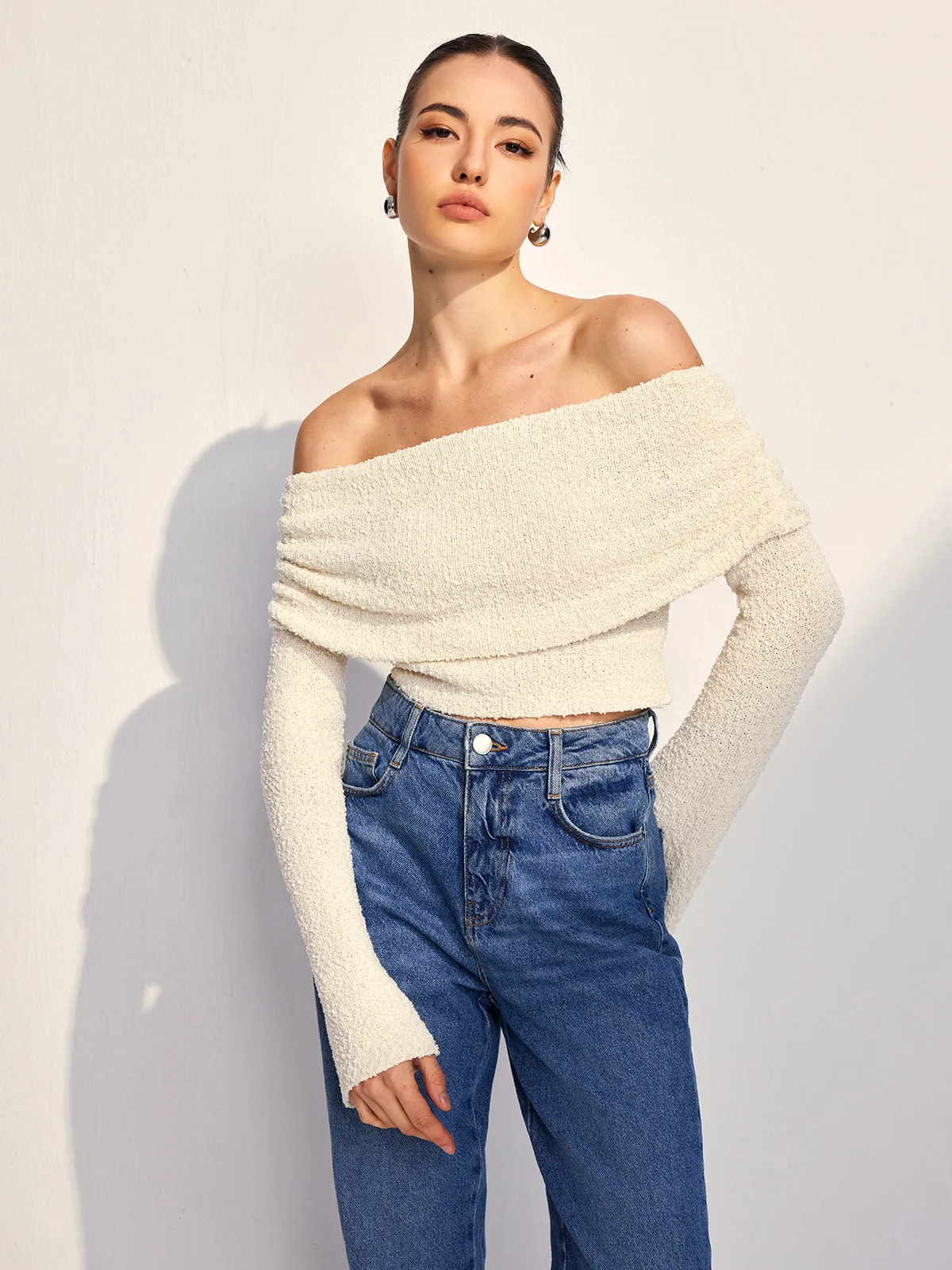 Off Shoulder Plain Knit Top