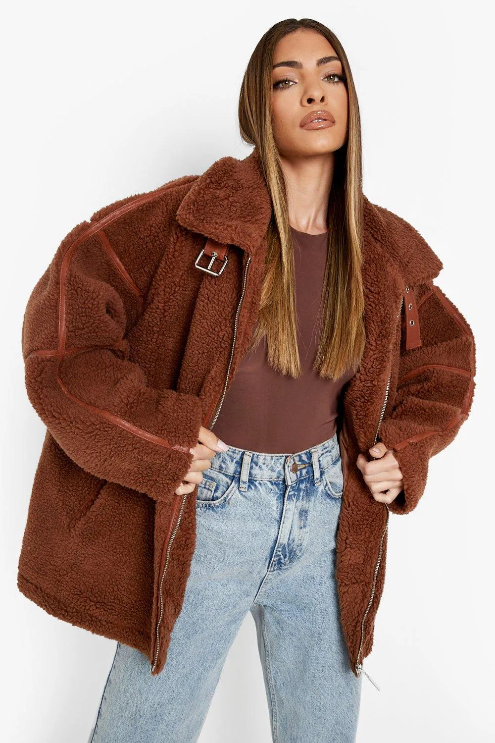 Oversized Buckle Detail Teddy Coat