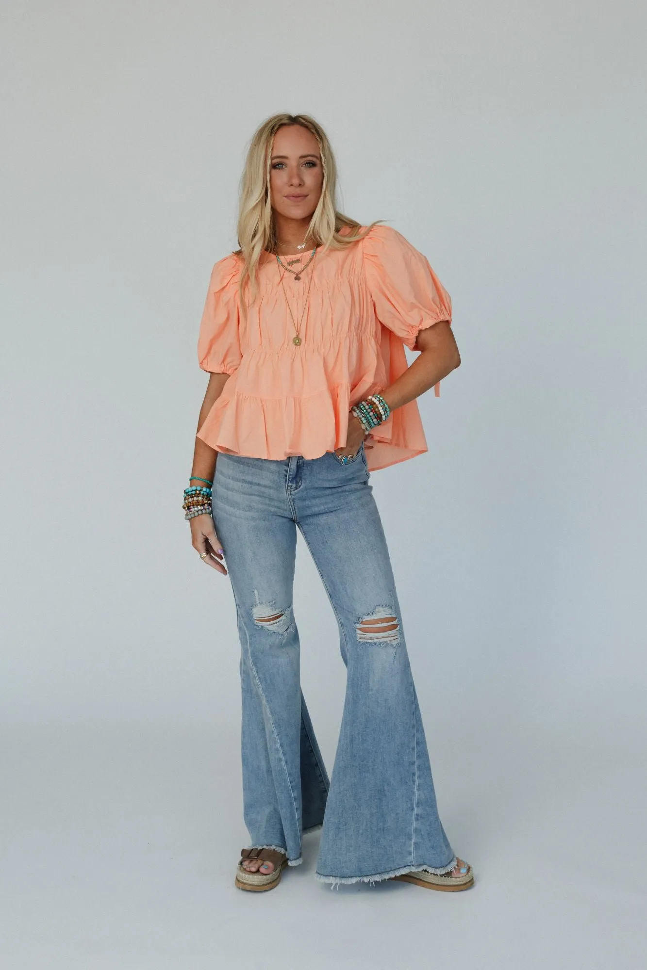 Peach Shirred Top with Puff Sleeves - Delightful Style