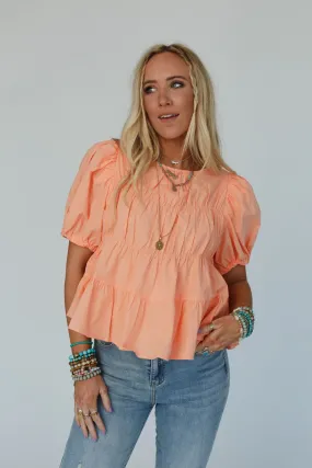 Peach Shirred Top with Puff Sleeves - Delightful Style