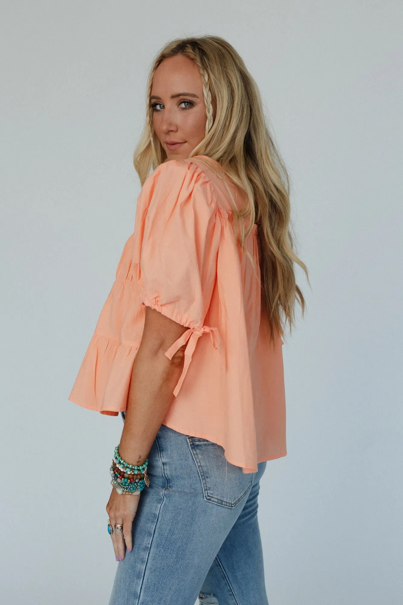 Peach Shirred Top with Puff Sleeves - Delightful Style