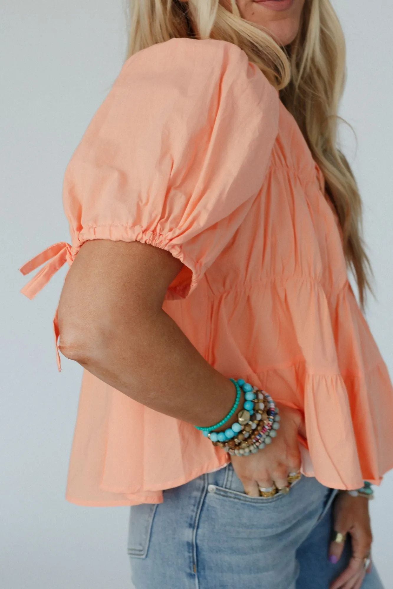 Peach Shirred Top with Puff Sleeves - Delightful Style