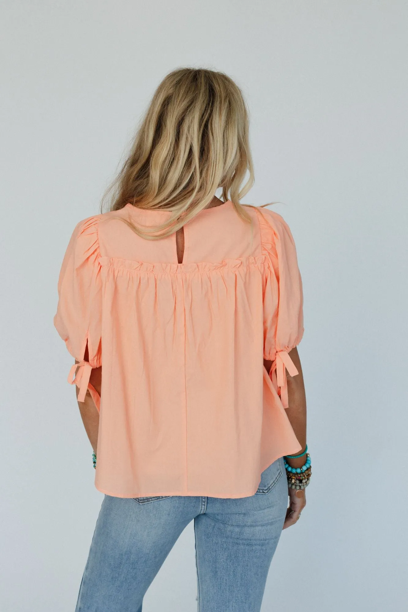 Peach Shirred Top with Puff Sleeves - Delightful Style