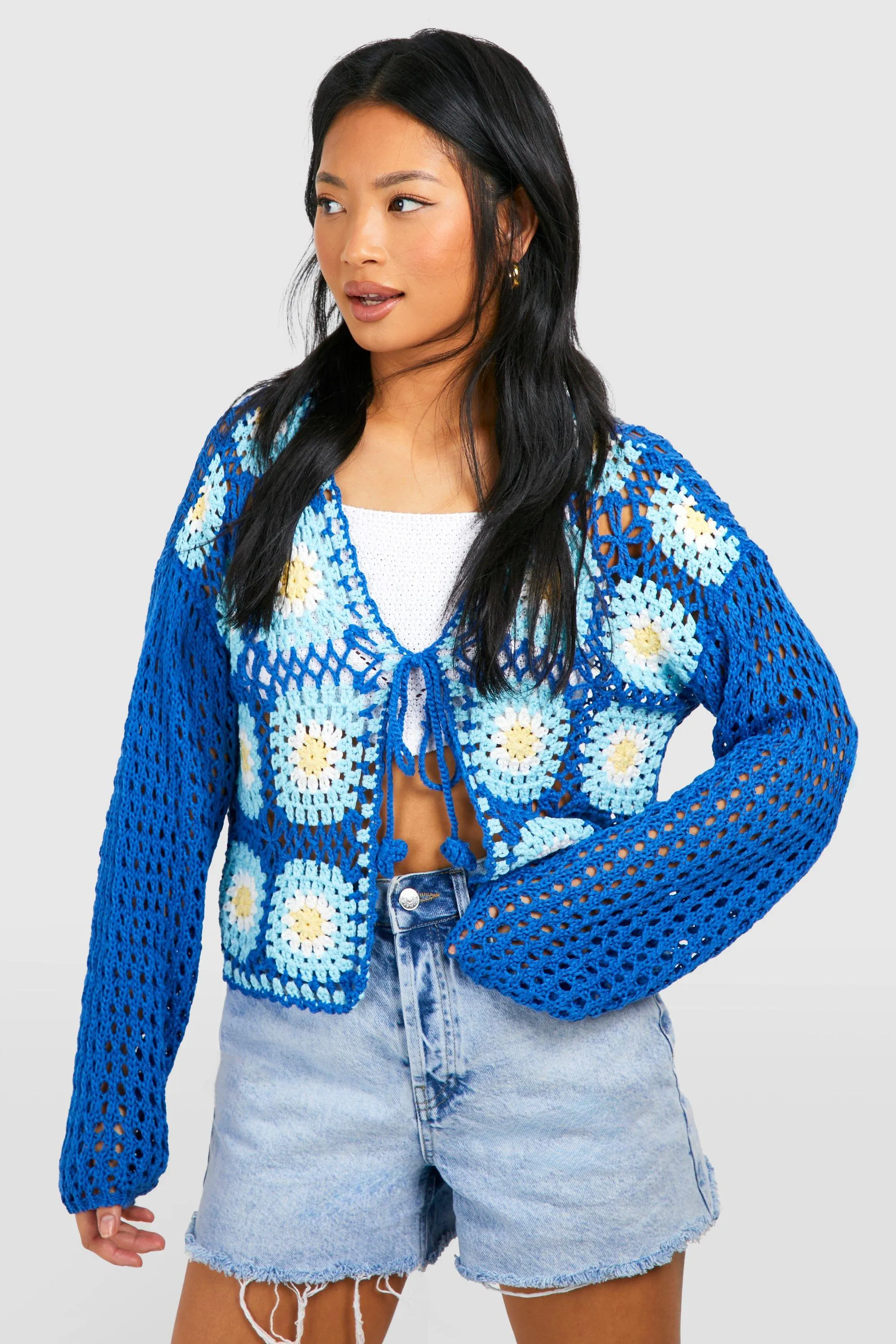 Petite Patchwork Crochet Tie Front Cardigan - Shop Jumpers & Cardigans at boohoo.