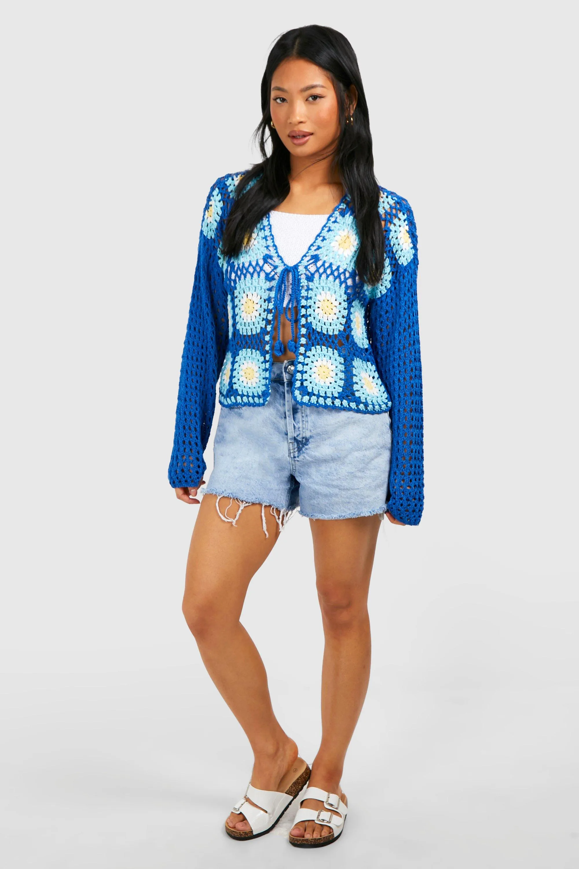 Petite Patchwork Crochet Tie Front Cardigan - Shop Jumpers & Cardigans at boohoo.