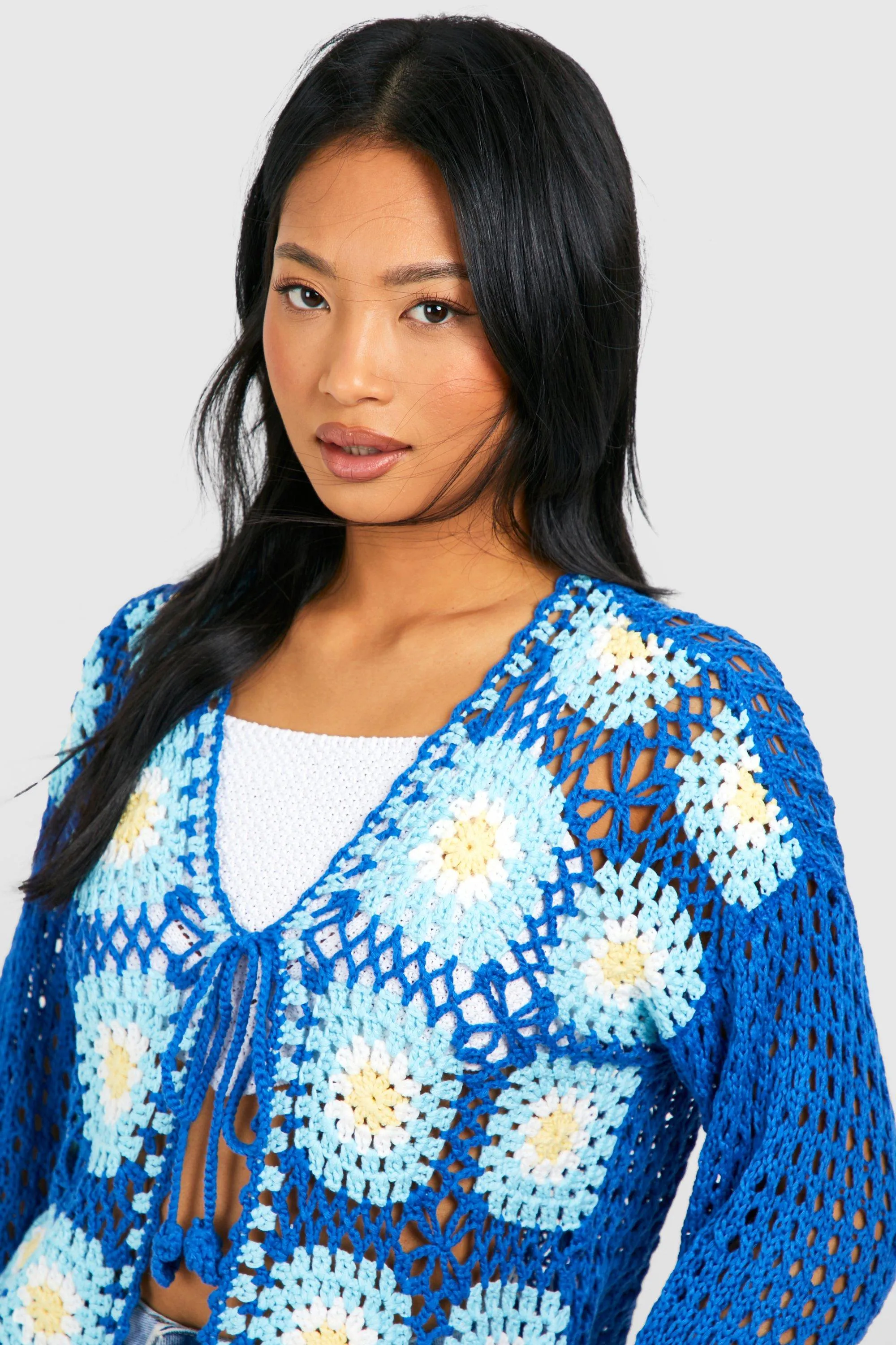 Petite Patchwork Crochet Tie Front Cardigan - Shop Jumpers & Cardigans at boohoo.