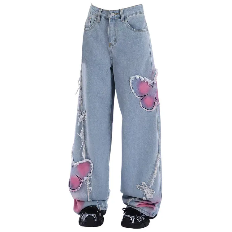 Pink Butterfly Wide Leg Jeans