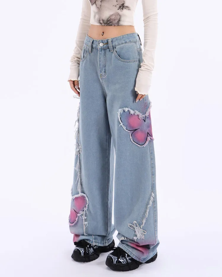 Pink Butterfly Wide Leg Jeans