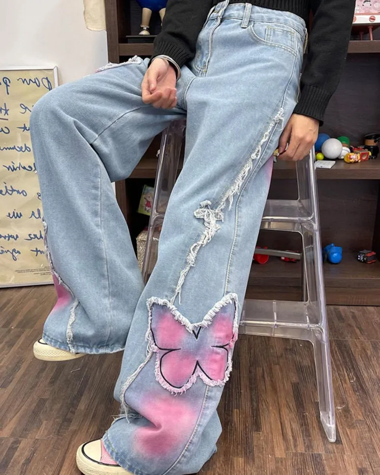 Pink Butterfly Wide Leg Jeans