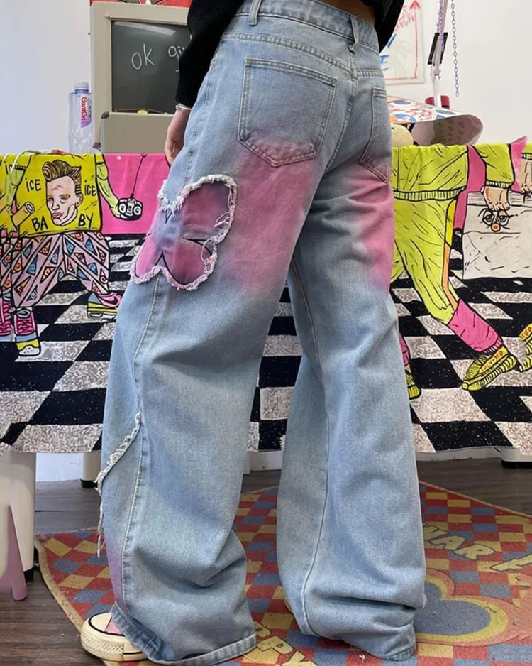 Pink Butterfly Wide Leg Jeans