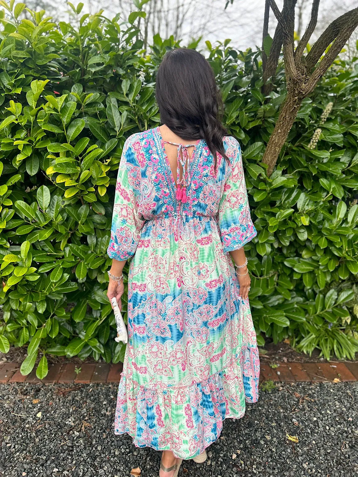 Pink Two Tone Pattern Tassel Kaftan Dress Ebony