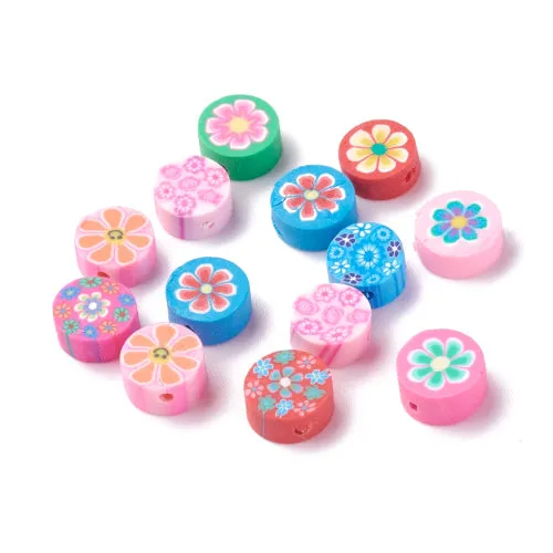 Assorted 10mm Round Flat Floral Polymer Clay Beads