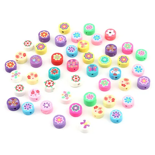 Assorted 10mm Round Flat Floral Polymer Clay Beads