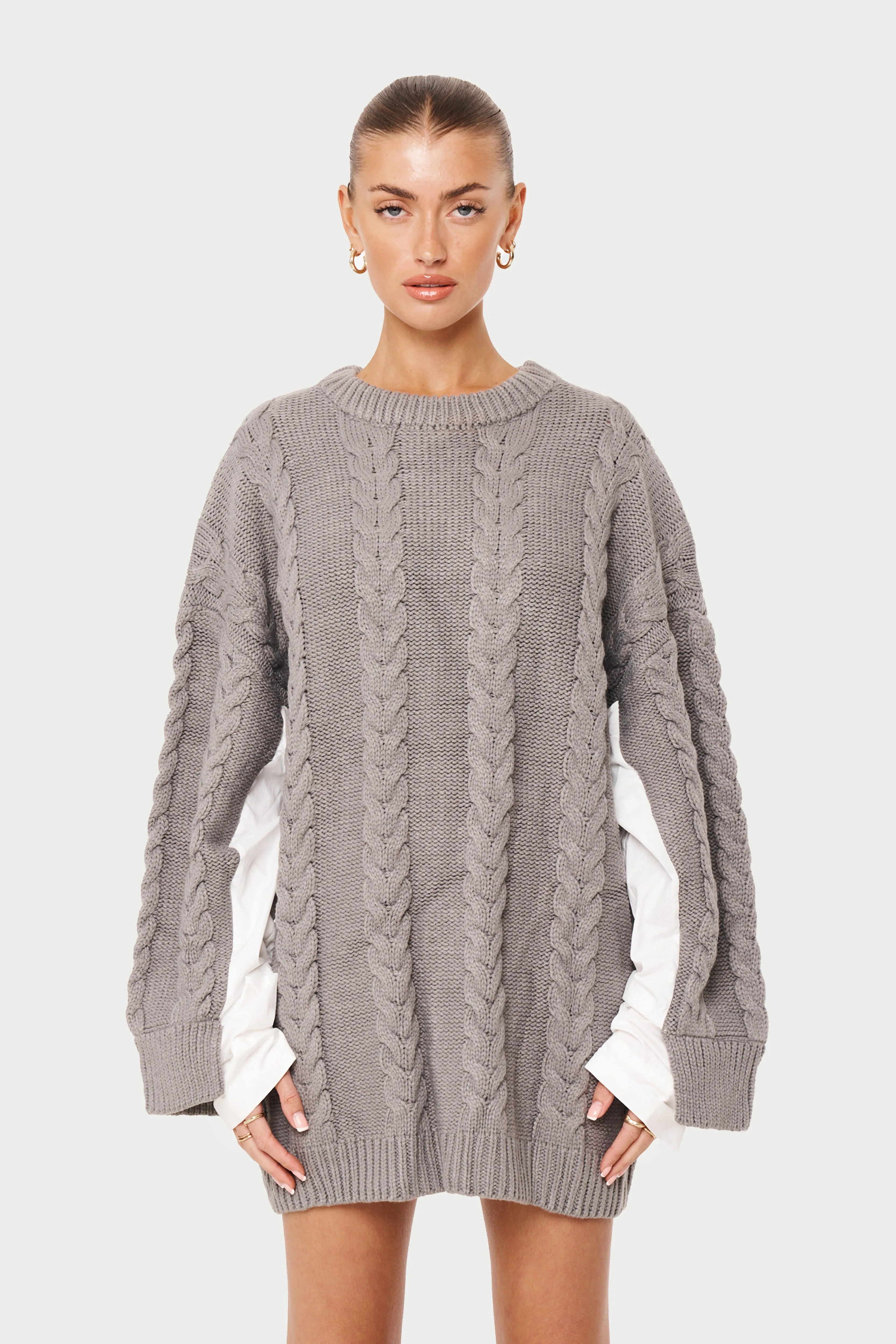 POPLIN PANEL CABLE JUMPER DRESS - GREY