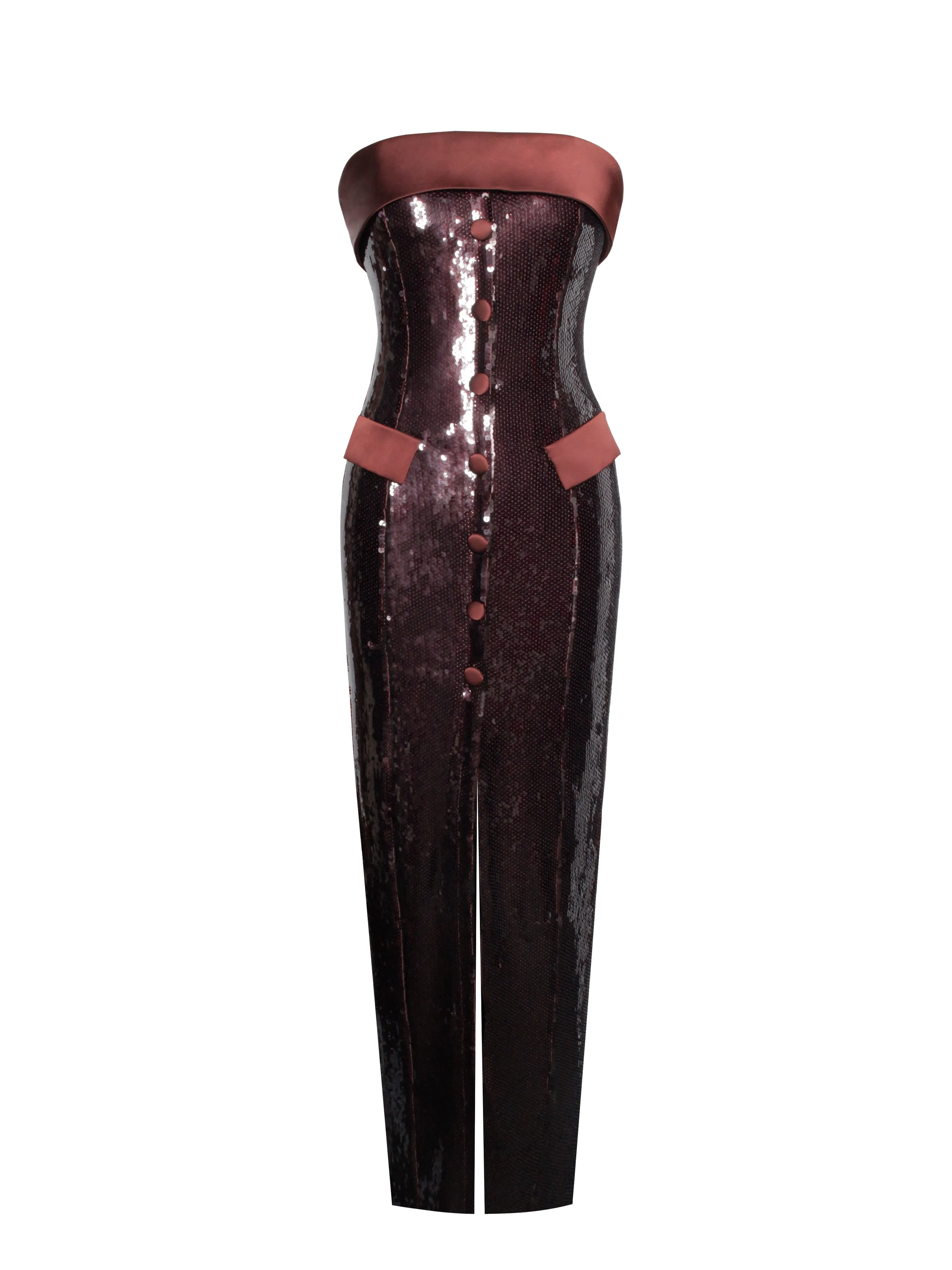 Qadira Burgundy Brown Sequin Maxi Pencil Dress