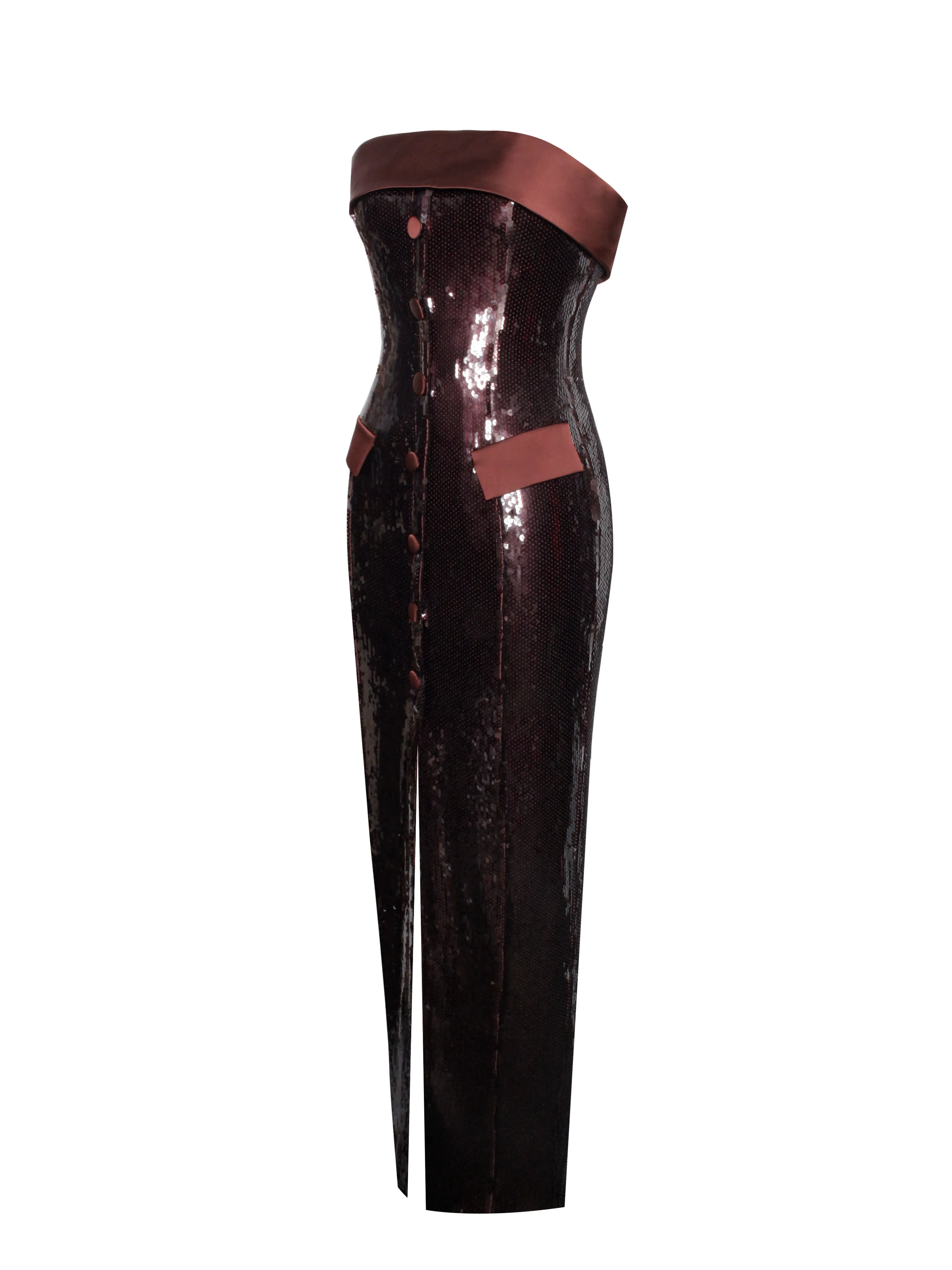 Qadira Burgundy Brown Sequin Maxi Pencil Dress